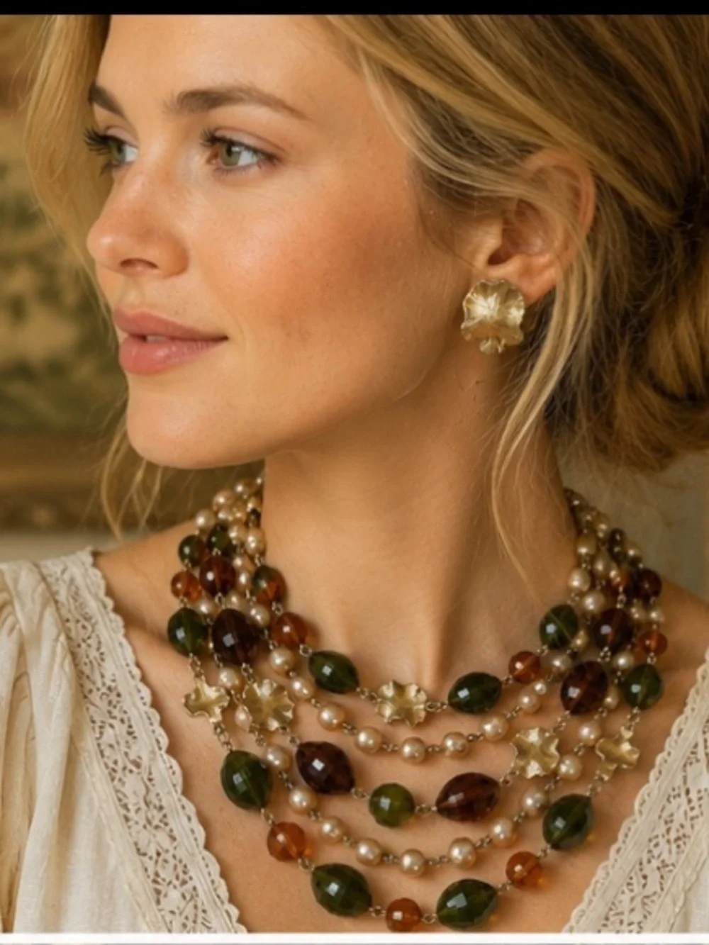 Vintage Multi Strand Freshwater Pearl & Faceted Glass Statement Necklace 16”